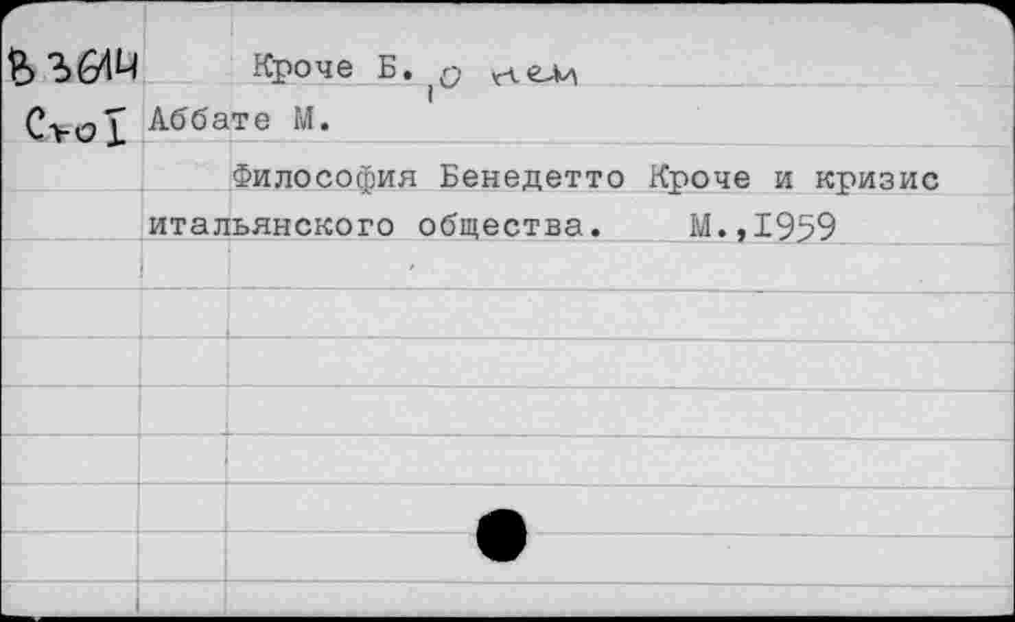 ﻿е> %64М	1	Кроче Б. п
Су о 1	1 Аббате М.	
		Философия Бенедетто Кроче и кризис
	итальянского общества.	М.,1959	